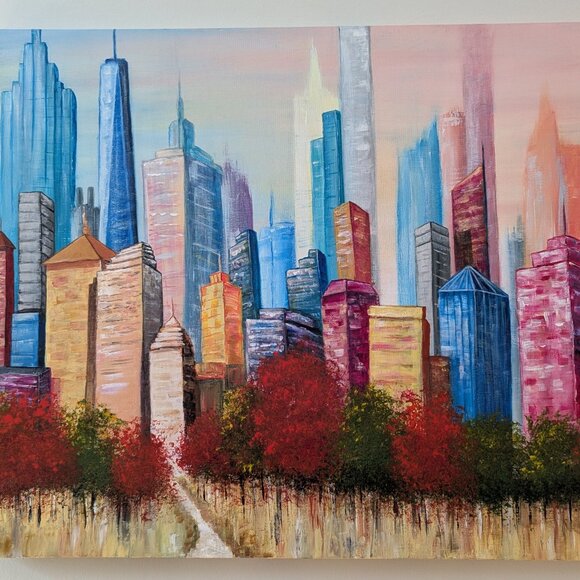 Original Colorful Acrylic Painting New York City Skyline From Central Park 30x24 - Picture 7 of 14